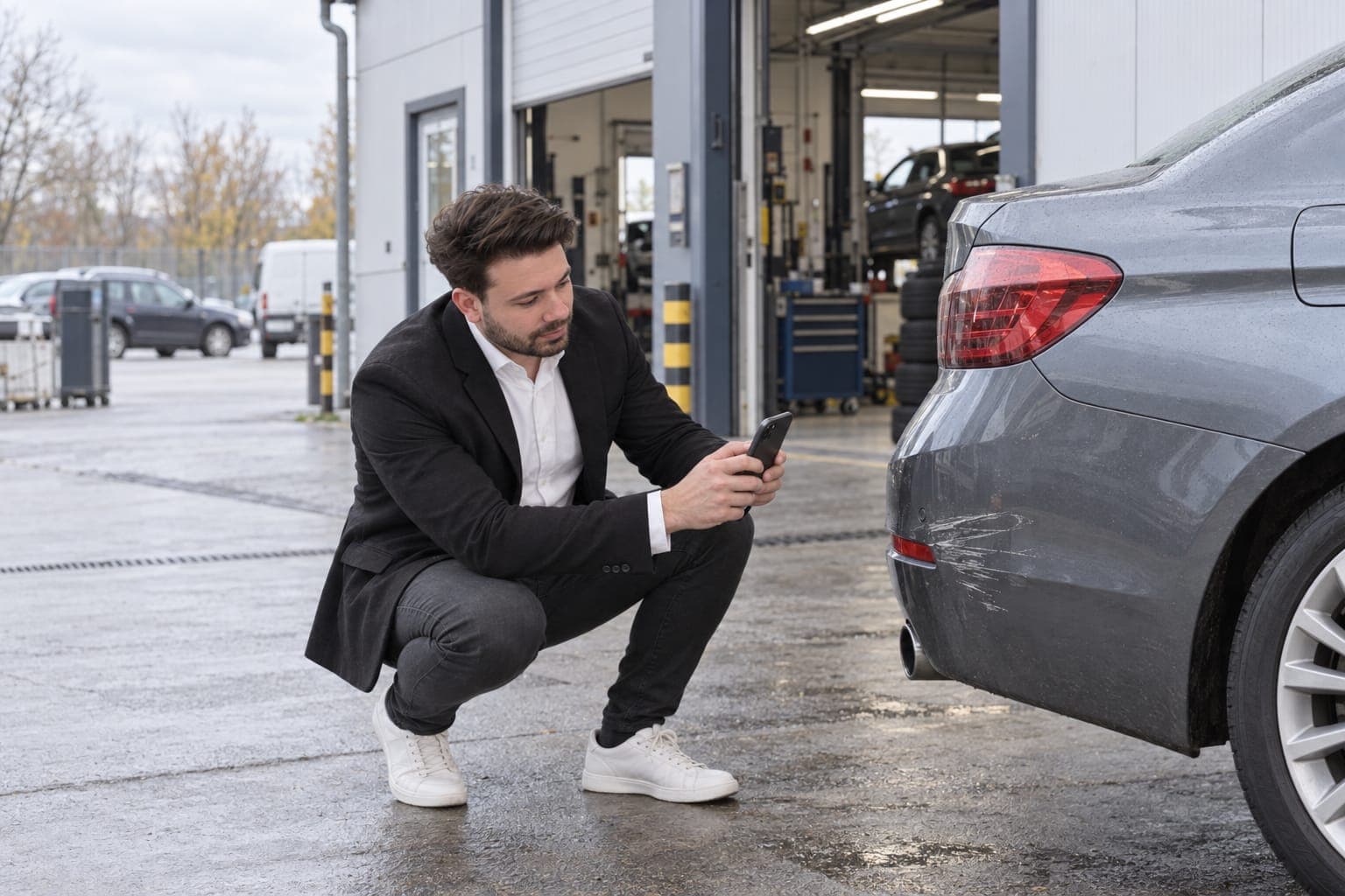 Enes Özdin, Kfz-Sachverständiger, fotografiert in der Hocke mit dem Smartphone einen Kratzer an der hinteren Stoßstange eines Autos vor einer Werkstatt